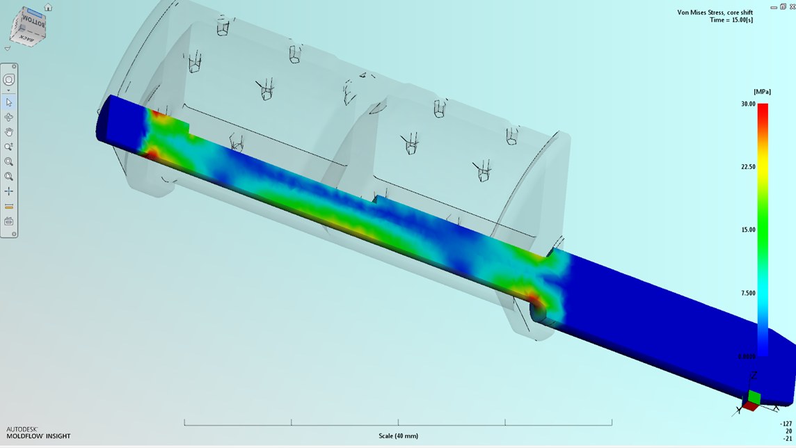 Simulazione Moldflow core shift: tensioni di Von Mises sul maschio durante il riempimento