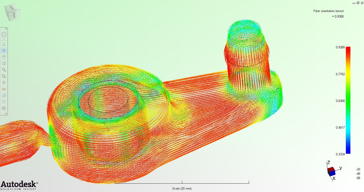 Simulazione Moldflow: orientamento delle fibre nel pezzo stampato per il calcolo strutturale