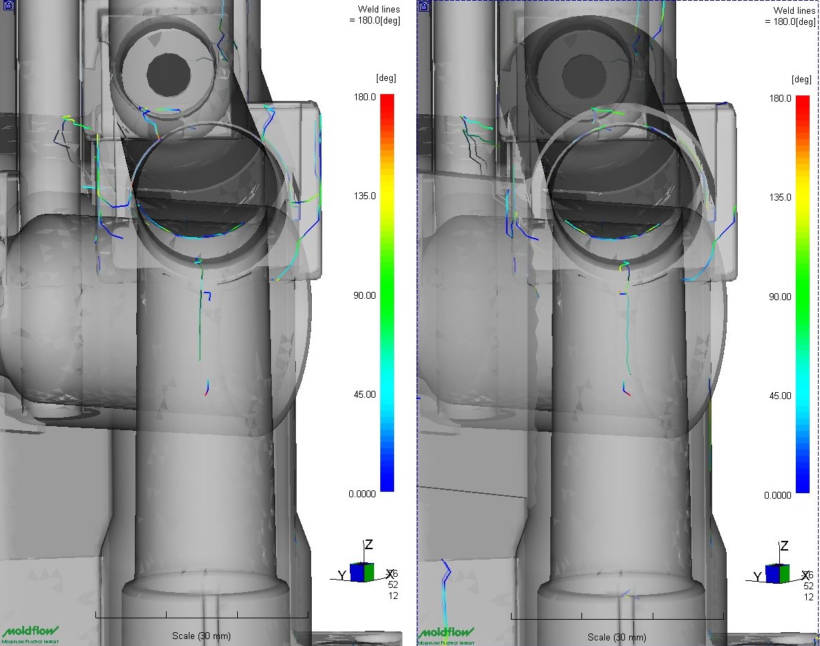 Moldflow simulation: weld lines, original and first variant