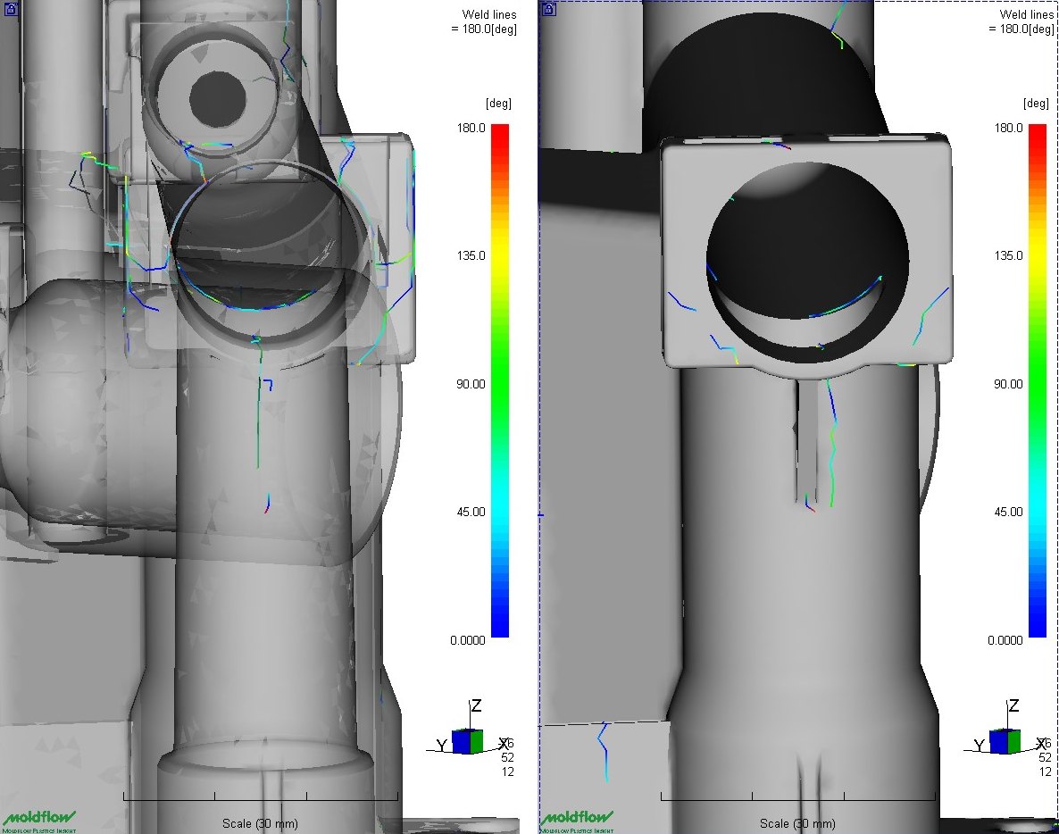 Moldflow simulation: weld lines, original and second variant