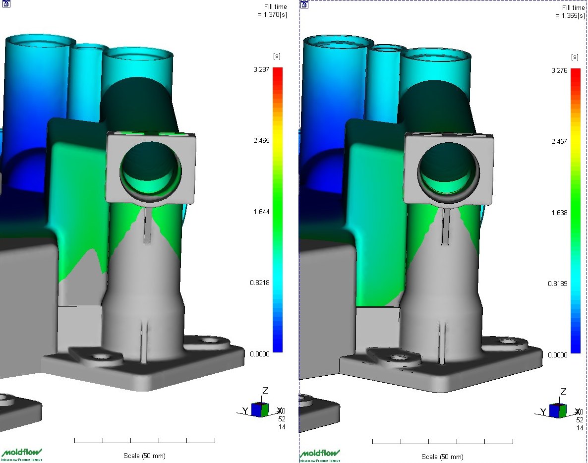 Moldflow simulation: original filling and first variant