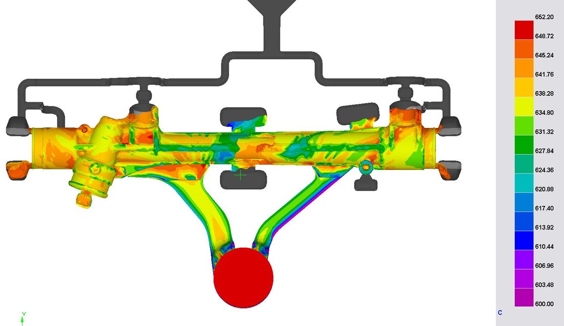 ProCAST steering box simulation: flow front temperatures