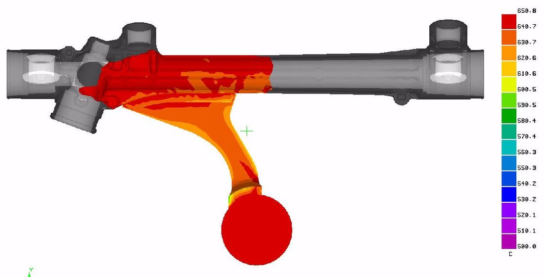 ProCAST die casting simulation of a steering box: temperature during filling, initial geometry