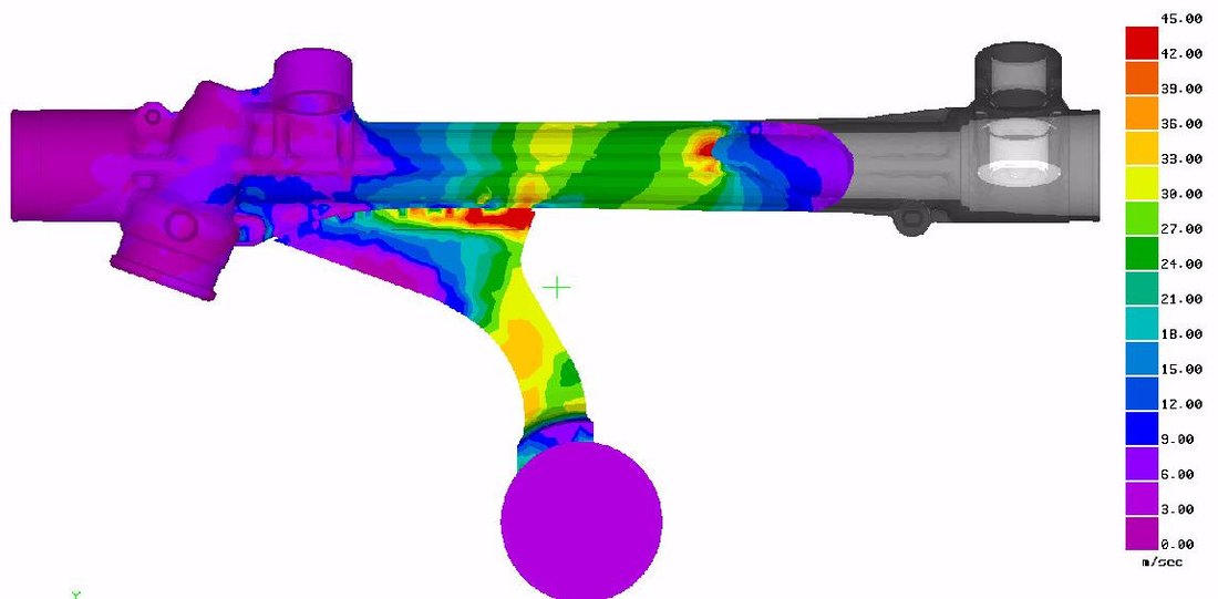ProCAST steering box simulation: velocity concentration at the gate