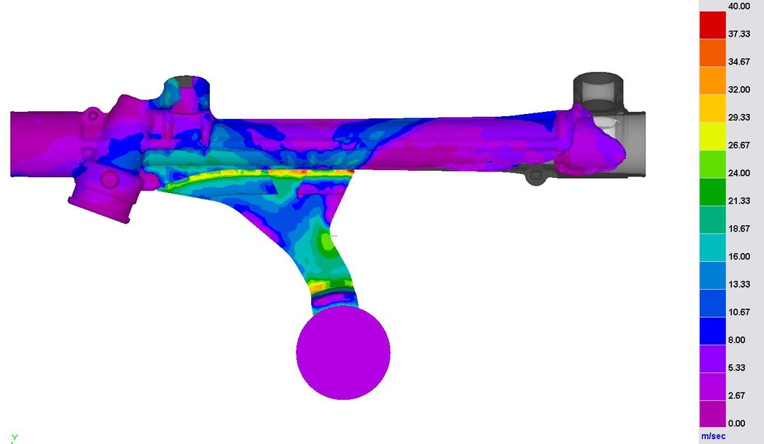 ProCAST steering box simulation: first solution, gate velocity